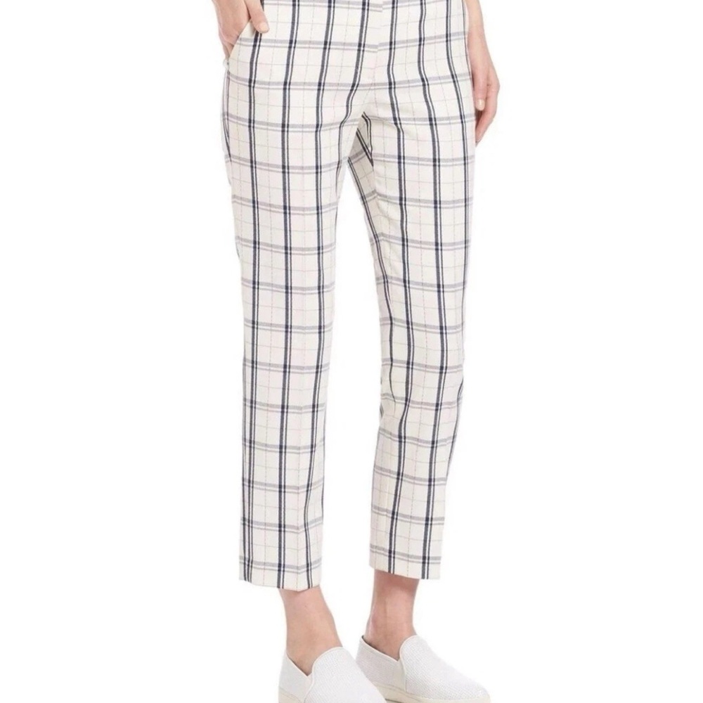 NWT Theory Treeca in Ivory Blue Plaid Stretch Wool Tapered Slim Ankle Pants 2